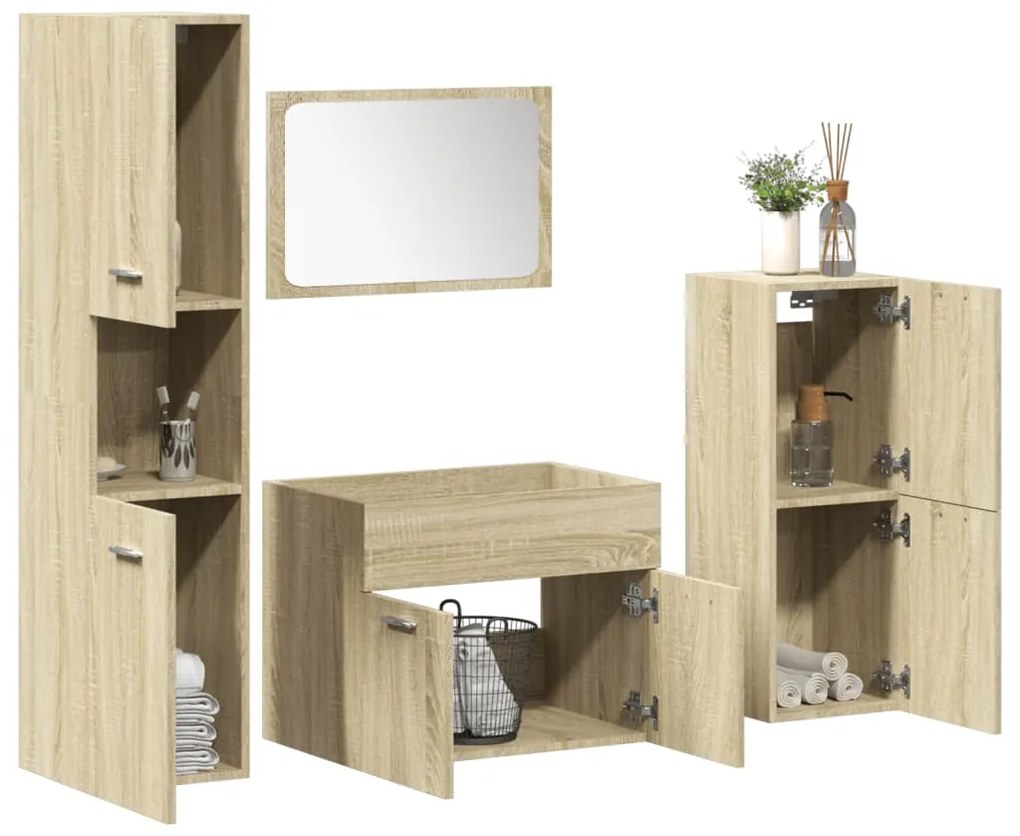 3324990 vidaXL Set mobilier de baie, 4 piese, stejar sonoma, lemn prelucrat