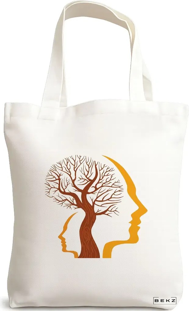 Sacosa de Panza pentru Cumparaturi, Geanta Tote, model Tree and Faces, 38x34.5 cm, Alba, BEKZ®