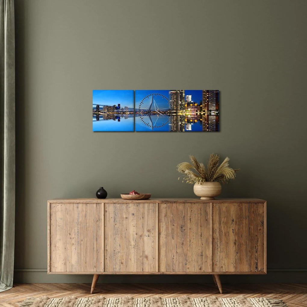 Tablou - Rotterdam nocturn (cu ceas) (90x30 cm)