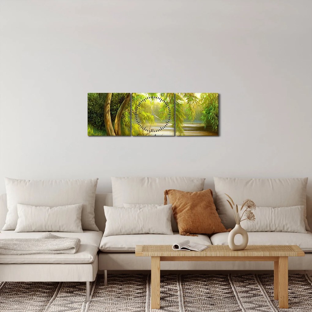Tablou - Salcie lângă lac, pictură în ulei (cu ceas) (90x30 cm)