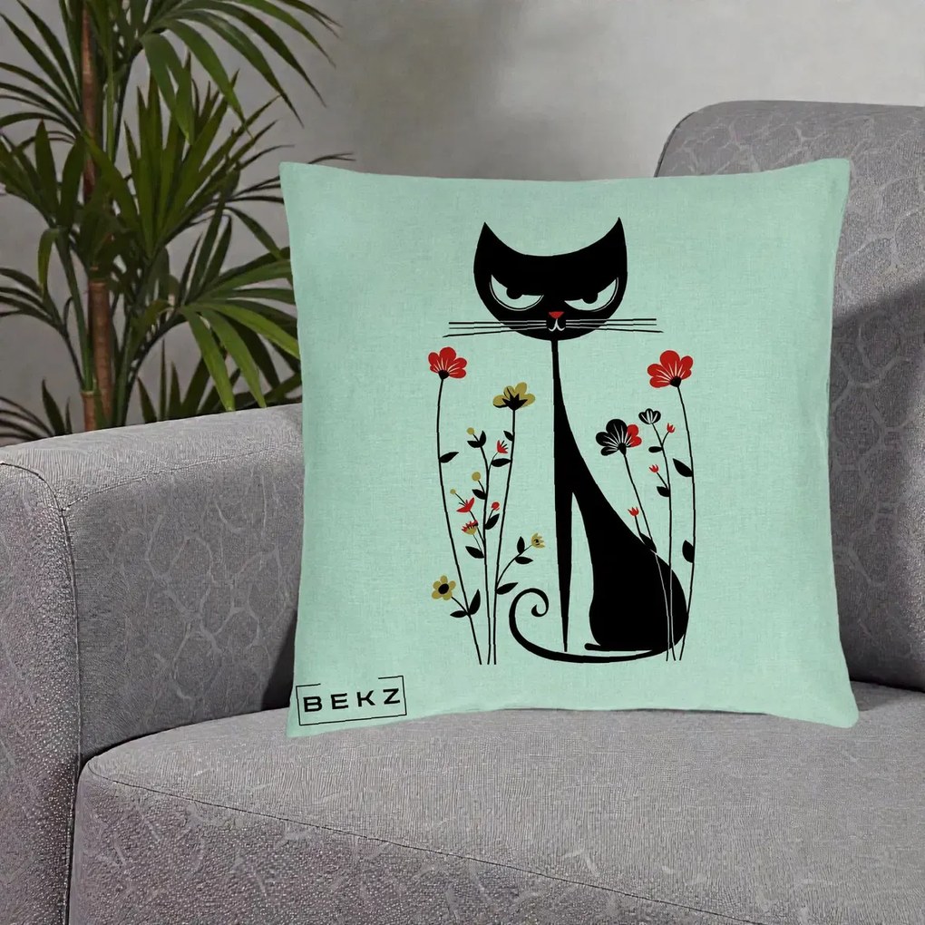 Perna Decorativa Pisica Neagra Grafica Flori Rosii, 40x40 cm, Verde Menta, Husa Detasabila, Perna Inclusa, BEKZ®