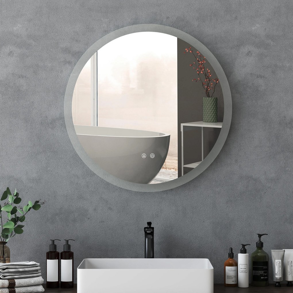 Kleankin Oglindă Rotundă LED pentru Baie, Reglabilă, 3 Temperaturi de Culoare, Anti-Ceță, 70cm | Aosom Romania
