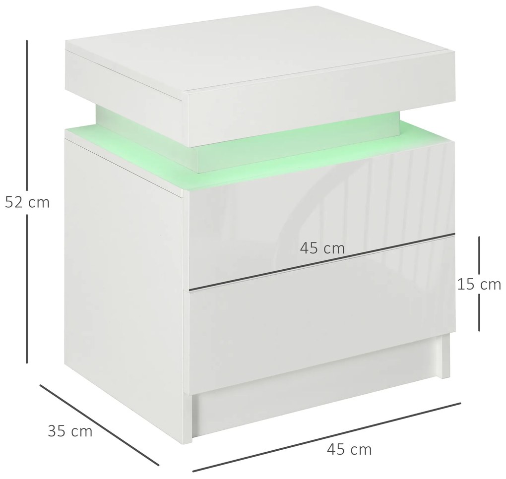 Noptiera alba HOMCOM cu lumina LED RGB, noptiera frontala lucioasa cu 2 sertare, pentru camera de zi, dormitor | Aosom RO