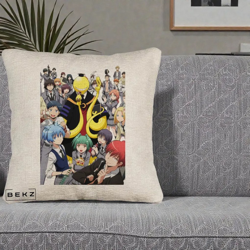 Perna Personalizata Assassination Classroom Grup Complet Anime, 40x40 cm, Bej Canapea, Husa Detasabila, Perna Inclusa, BEKZ®