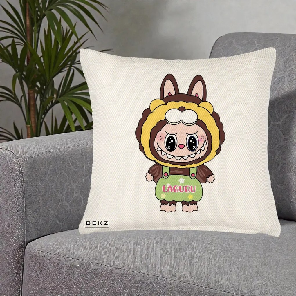 Perna Personalizata Labubu Leu Galben cu Salopeta, 40x40 cm, Crem Reliefat, Husa Detasabila, Perna Inclusa, BEKZ®
