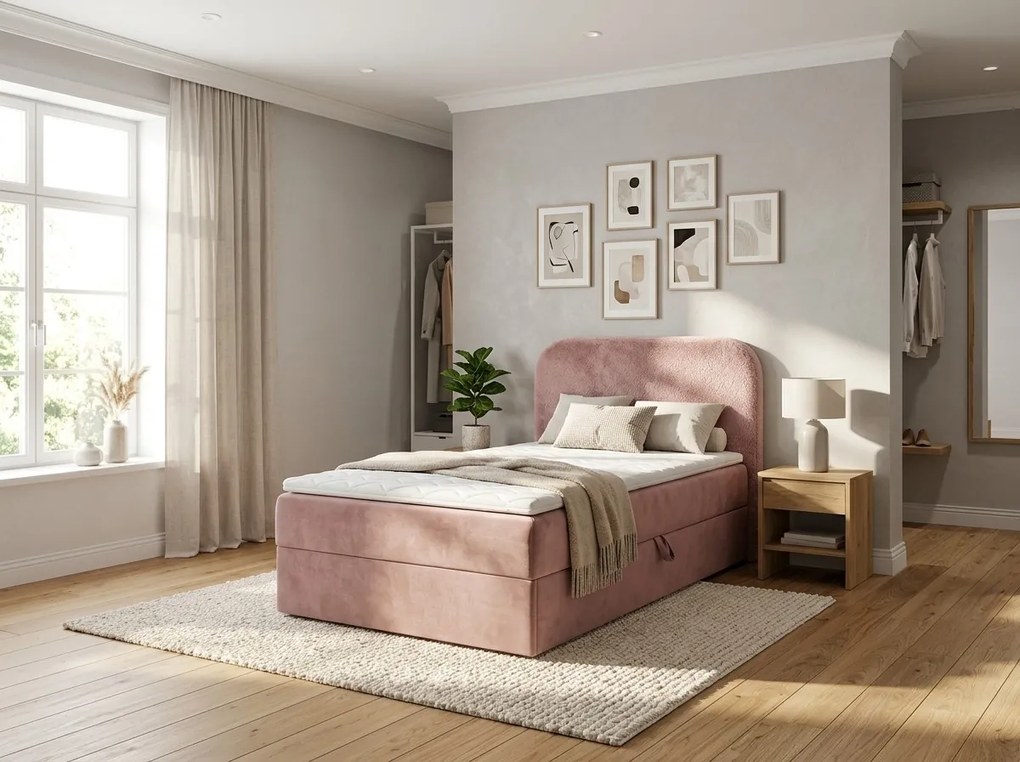 Pat tapitat boxspring FORENA 90x200 cm roz antic Saltea: Saltea cu arcuri Bonell