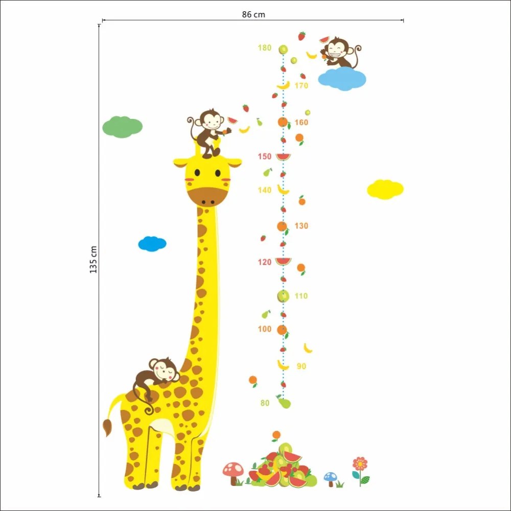 Autocolant de perete "Metru pentru copii - Girafă cu maimuțe" 135x86 cm