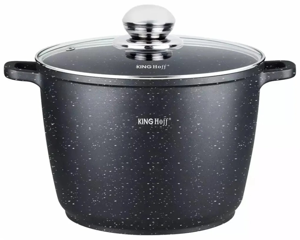 Oală cu capac 28 cm, 10L – Kinghoff KH 1599, antiaderentă cu marmură, neagră, ideală pentru supe și mâncăruri în volum mare