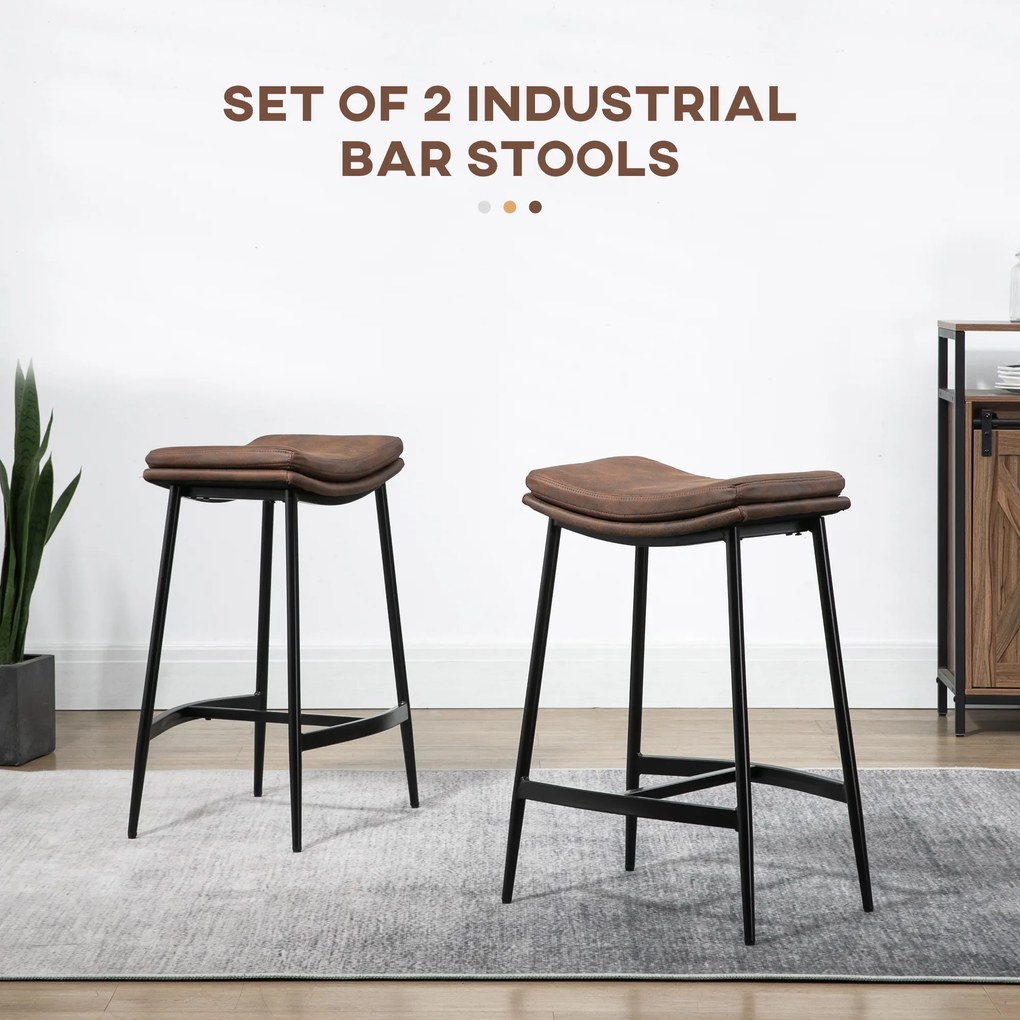 HOMCOM Set 2 Scaune de Bar în Stil Industrial, din Piele Ecologică, 48.5x38.5x68.5 cm, Negru și Maro | Aosom Romania