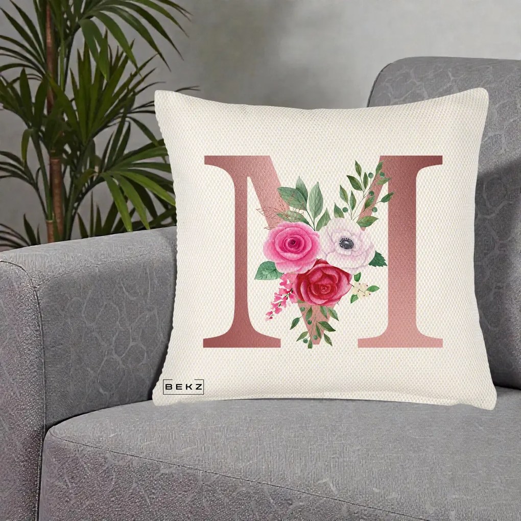 Cadou Personalizat - Perna Personalizata Monograma Rose Gold Litera M cu Trandafiri, 40x40 cm, Crem Reliefat, Husa Detasabila, Perna Inclusa, BEKZ®