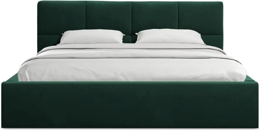 Pat matrimonial verde închis tapițat din catifea cu spațiu de depozitare cu somieră 140x200 cm Hiko – Makamii