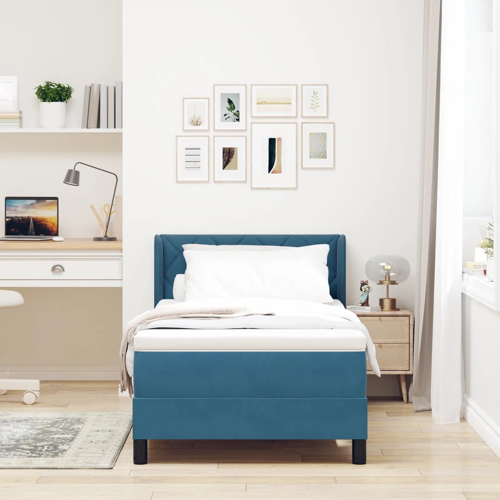 vidaXL Pat box spring cu saltea, albastru închis, 90x200 cm, catifea