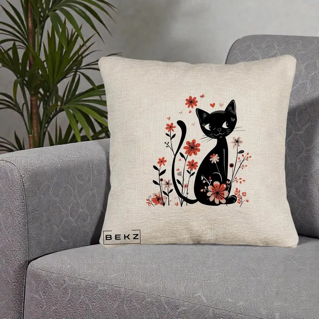 Perna Decorativa Pisica Neagra Flori Roz si Inimi, 40x40 cm, Bej Canapea, Husa Detasabila, Perna Inclusa, BEKZ®