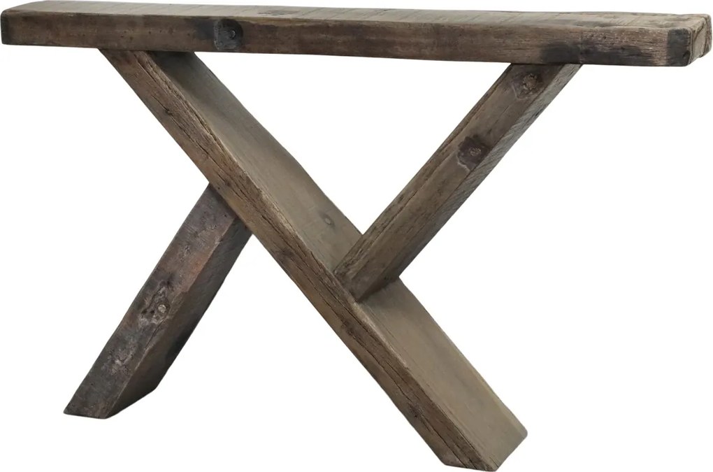 Consolă îngustă în stil farmhouse, din lemn reciclat, natur, cu blat masiv și picioare încrucișate în X, 77 x 122 x 22 cm, „Grimaud”