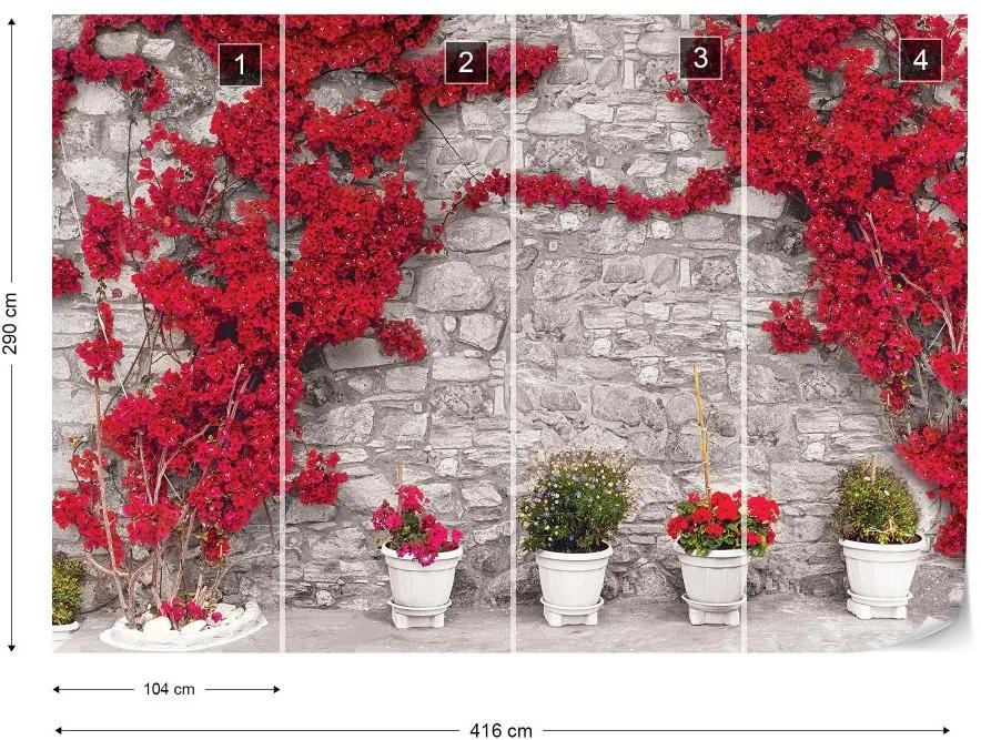 Fototapet GLIX - Red Flowers Old Stone Wall 4 + adeziv GRATUIT Tapet nețesute  - 416x290 cm