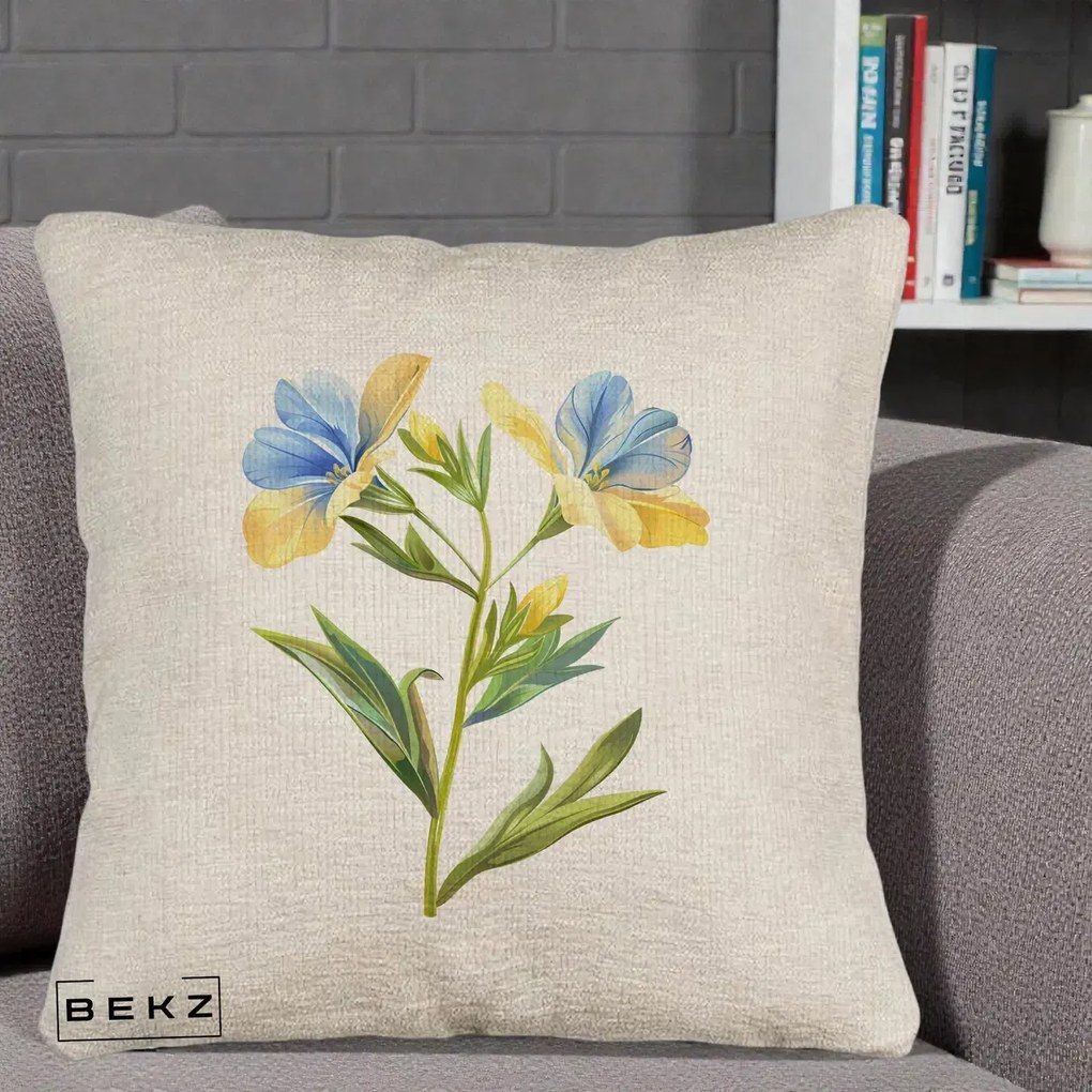 Perna Decorativa Botanica Frezie Galbena si Albastra, 40x40 cm, Bej Canapea, Husa Detasabila, Perna Inclusa, BEKZ®