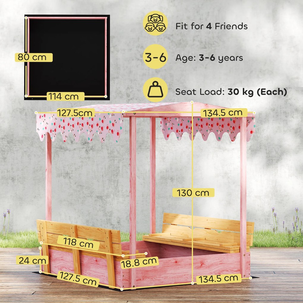 AIYAPLAY Ladă de Nisip pentru Copii 3-6 Ani cu Acoperiș cu Flamingo, Scaune Pliabile, Capac și Husă Incluse, Ladă de Joacă din Lemn de Brad, 134,5x127,5x130 cm, Roz | Aosom Romania