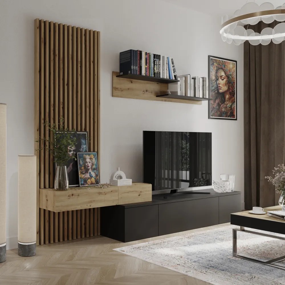 Mobila living, negru stejar Artisan, cu riflaj ,modern , mobilier sufragerie , rafturi , comoda tv