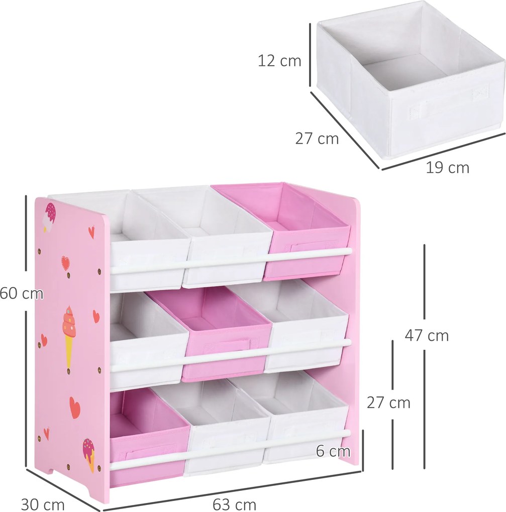 ZONEKIZ Dulăpior de Jucării cu 9 Coșuri Detașabile din MDF și Material Textil Roz | Aosom Romania