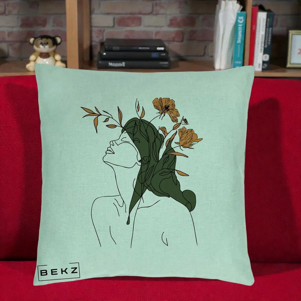 Perna Decorativa Portret Feminin Profil Flori Portocalii, 40x40 cm, Verde Menta, Husa Detasabila, Perna Inclusa, BEKZ®