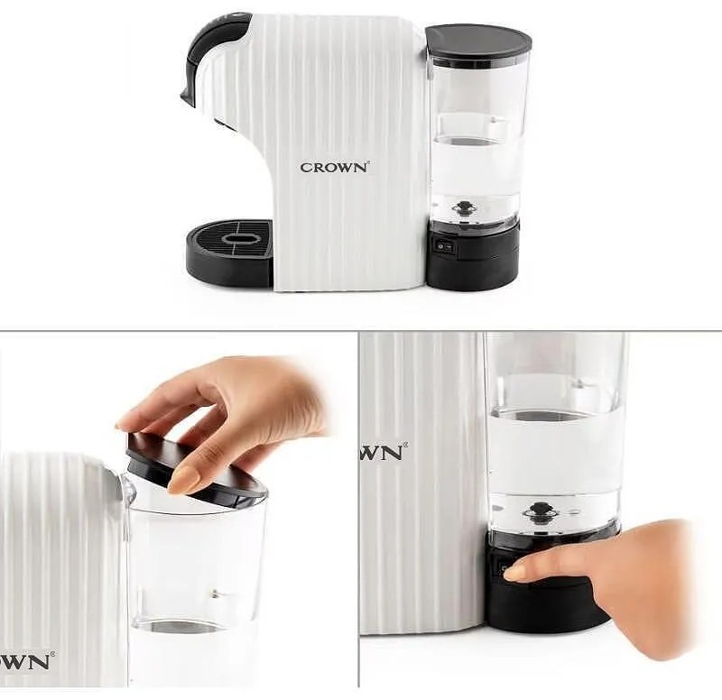 Espressor cu capsule 7in1 Crown CCM-1531W, 1400 W, 20 bar, 0.9 L, 7 adaptoare, Indicatoare LED, Controlul lungimii cafelei, Alb/Negru