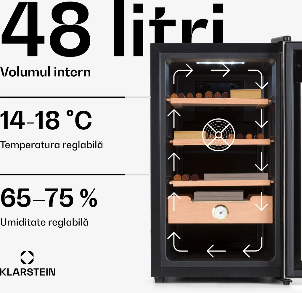 Klarstein El Presidente 48, Humidor pentru trabucuri, 48L, 3 sertare, 1 compartiment din lemn de cedru