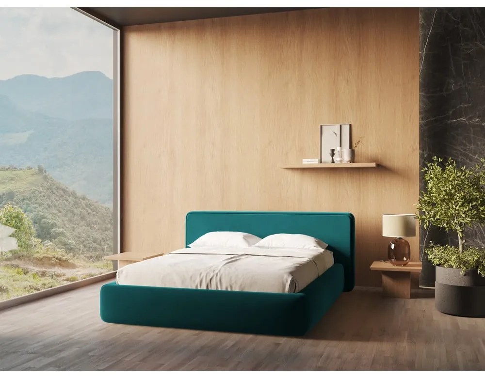 Pat matrimonial turcoaz tapițat cu spațiu de depozitare cu somieră 180x200 cm Kiana – Makamii