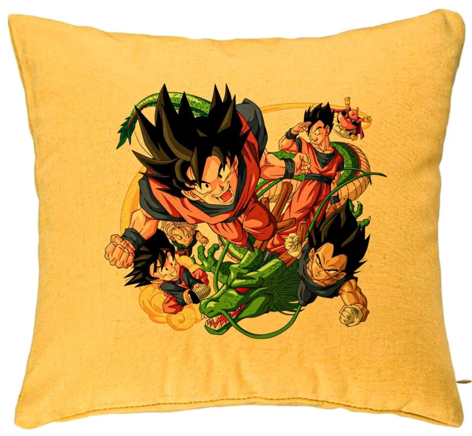 Perna Decorativa cu Dragonball characters, 40x40 cm, Galben, Husa Detasabila, Burduf