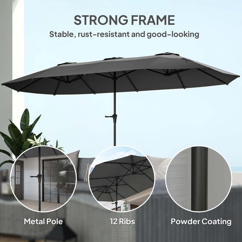 Outsunny Umbrelă Dublă de Grădină cu 12 Spițe, Orificii de Ventilație și Manivelă, 400x220x234 cm, Gri Închis | Aosom Romania
