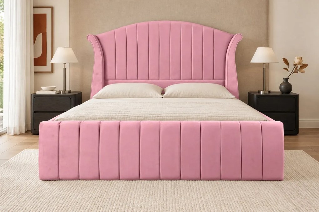 Pat tapițat din catifea Sorella Simple Line 160×200 cm, roz, cu ladă de depozitare