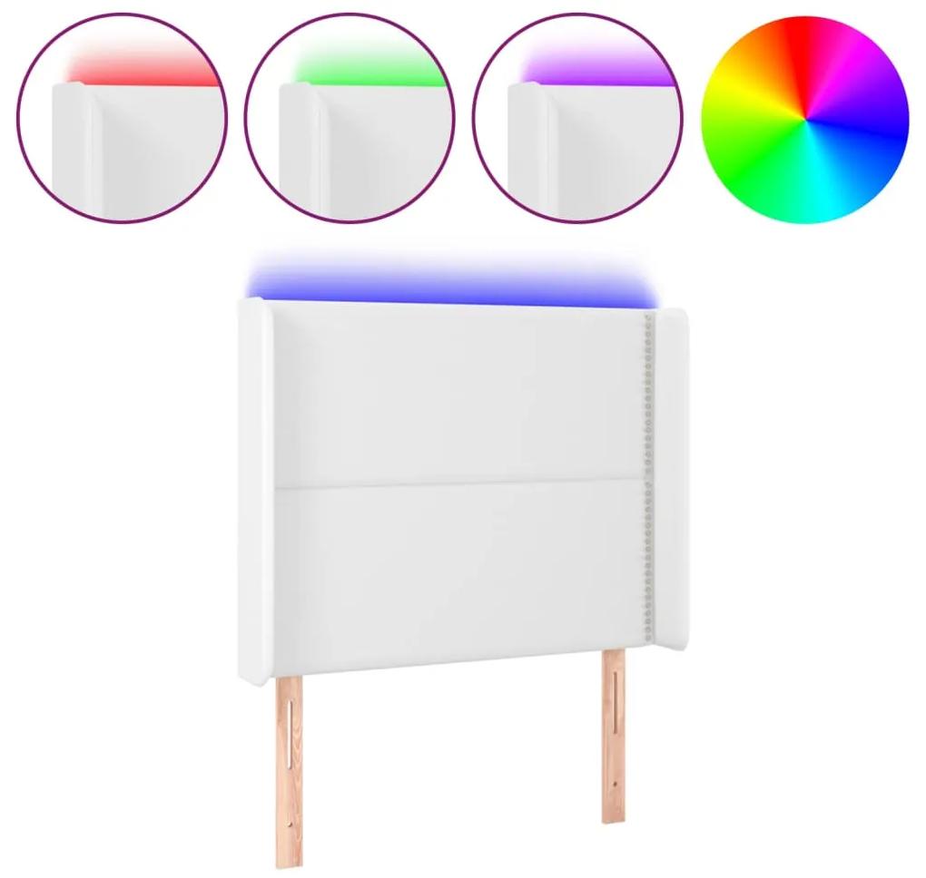 Tablie de pat cu LED, alb, 83x16x118 128 cm, piele ecologica 1, Alb, 83 x 16 x 118 128 cm