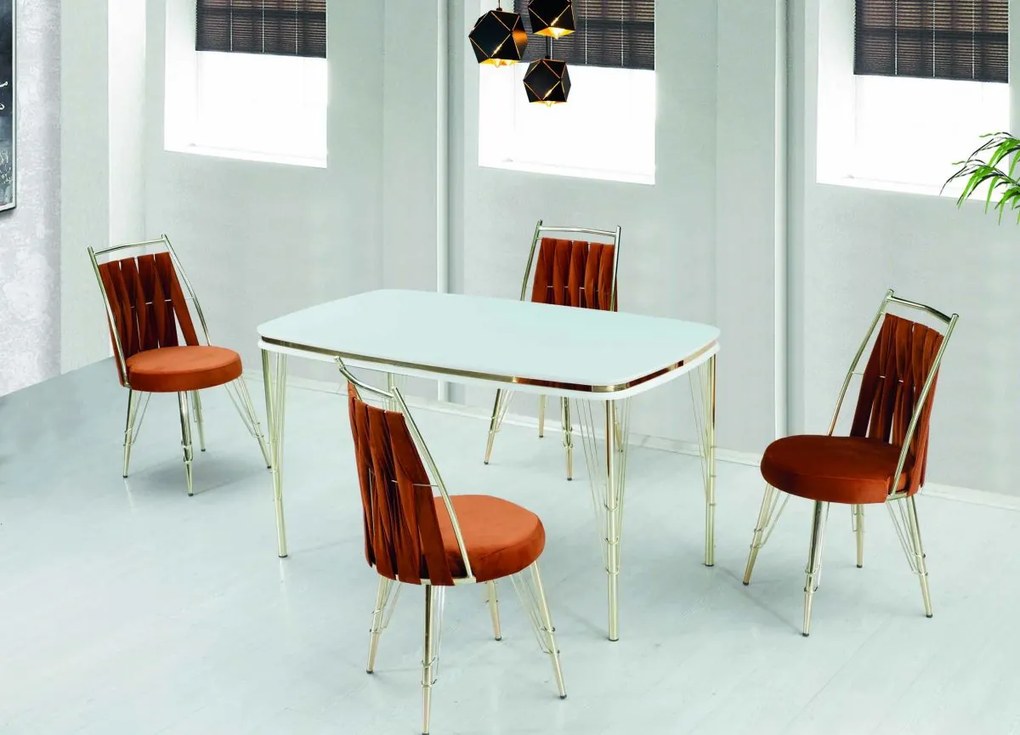 Set Masa cu 6 Scaune Bucatarie, Reina Homs 80 x 140 cm, Negru/Auriu,MDF,250-30216-17