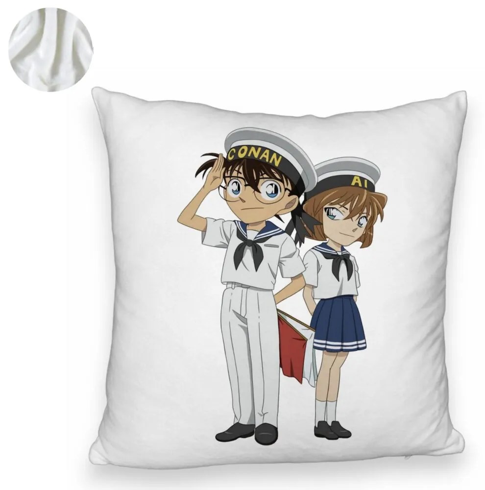 Perna Decorativa Fluffy cu Detective Conan 2, 40x40 cm, Alba, Husa Detasabila, Burduf