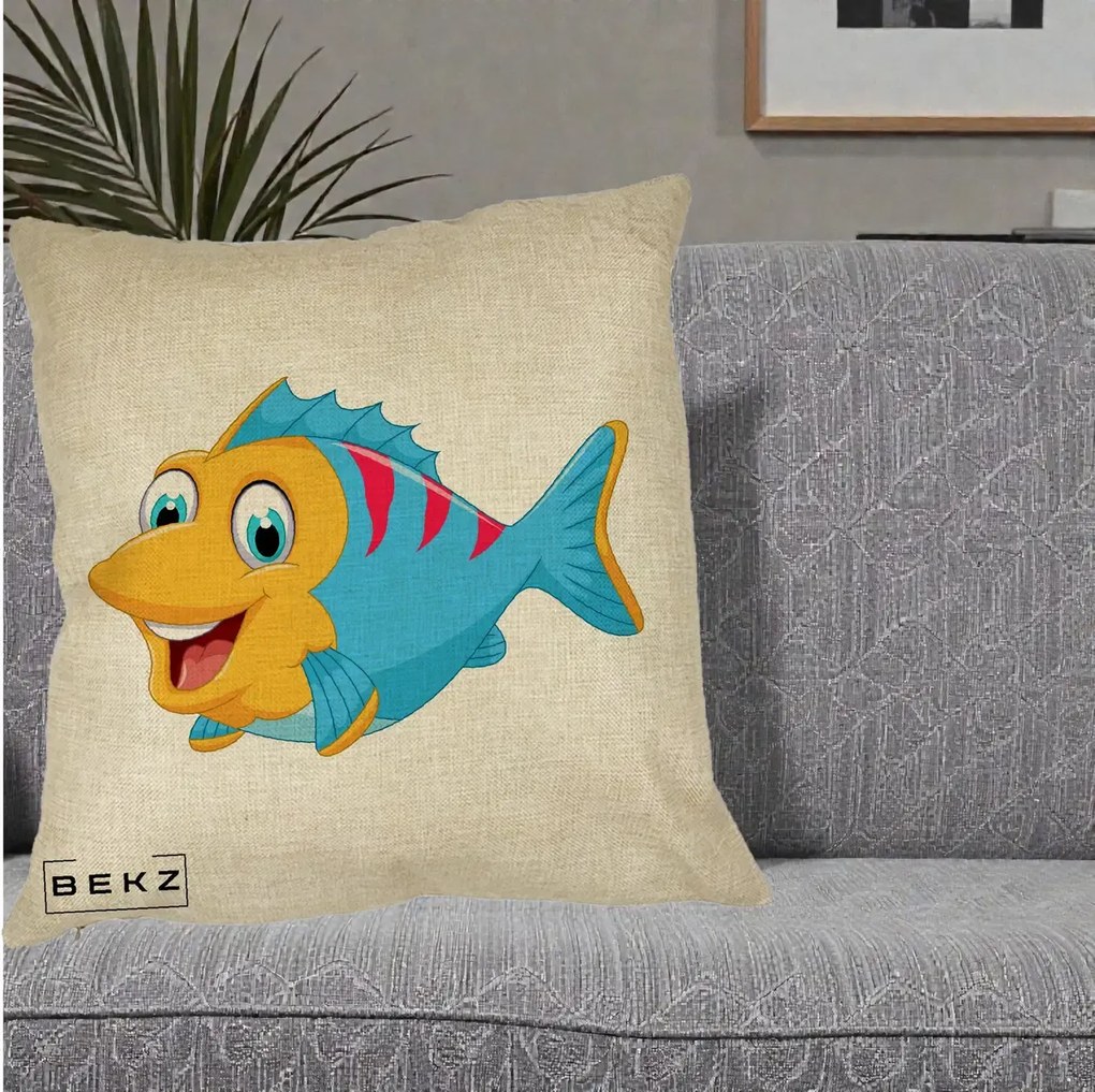Perna Decorativa Peste Vesel Cartoon, 40x40 cm, Crem, Husa Detasabila, Perna Inclusa, BEKZ®