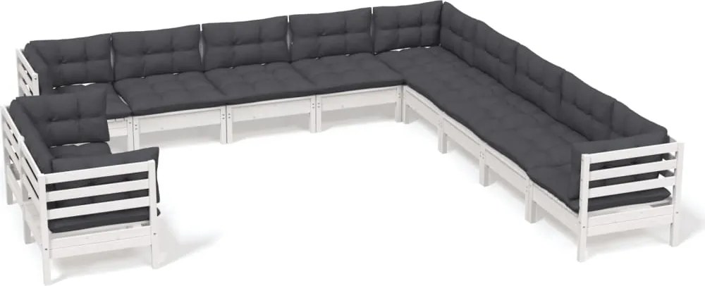 vidaXL Set mobilier grădină cu perne, 11 piese, alb, lemn masiv de pin
