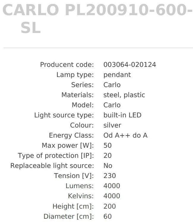 Lustra LED design modern circular CARLO argintiu, diametru 60cm