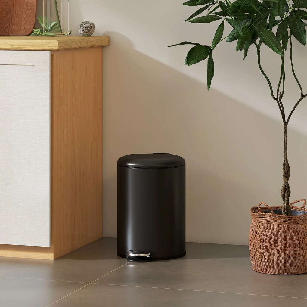 HOMCOM Coș de gunoi pentru bucătărie de 20 L, coș metalic rezistent la amprente cu capac Soft-Close, pedală și coș interior detașabil, Negru | Aosom Romania