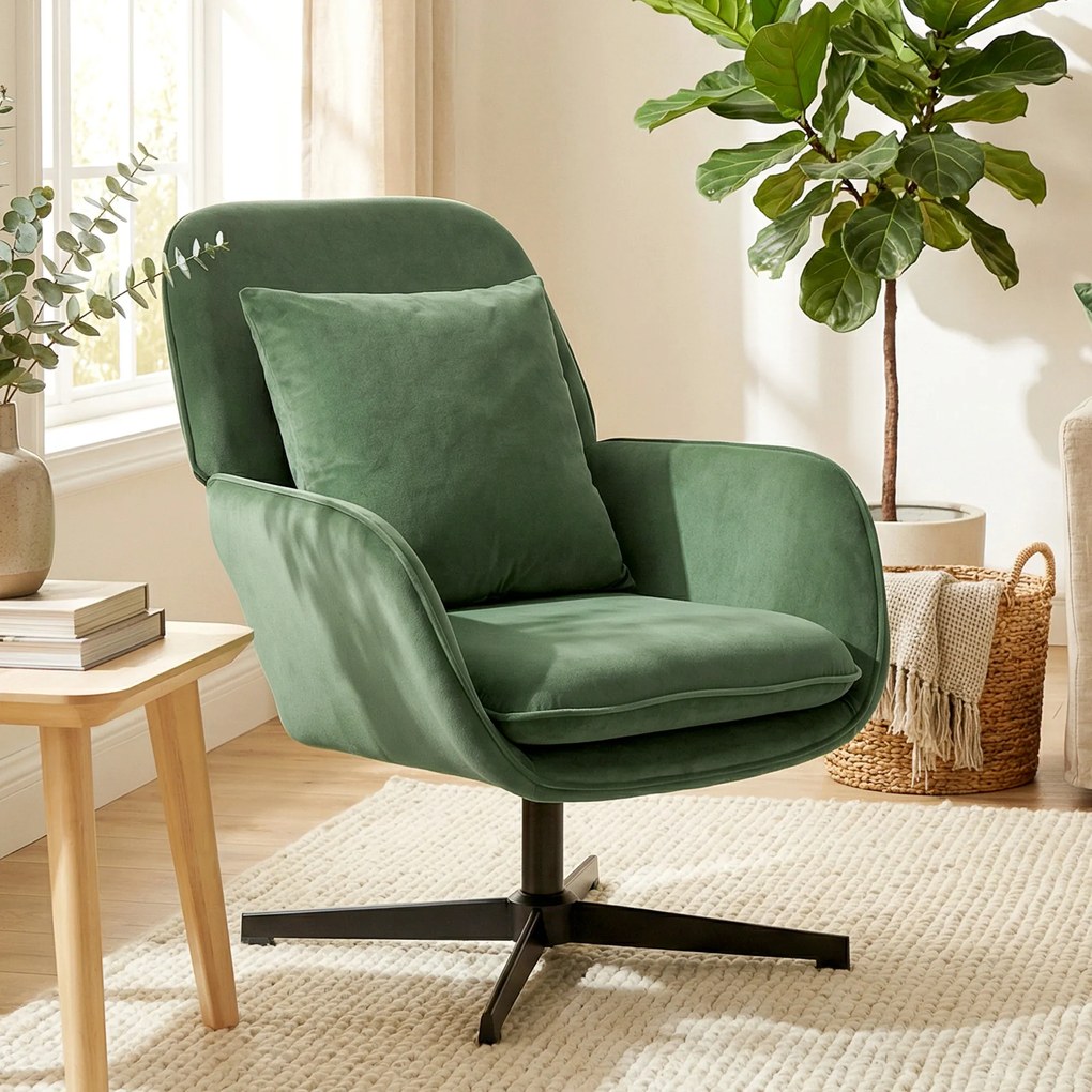 HOMCOM Fotoliu de Salon Rotativ 360° cu Pernă Lombară Detașabilă, Șezut Generos, Fotoliu Tapițat Modern din Catifea cu Cotiere, pentru Living, 73x83.5x85 cm, Verde | Aosom Romania