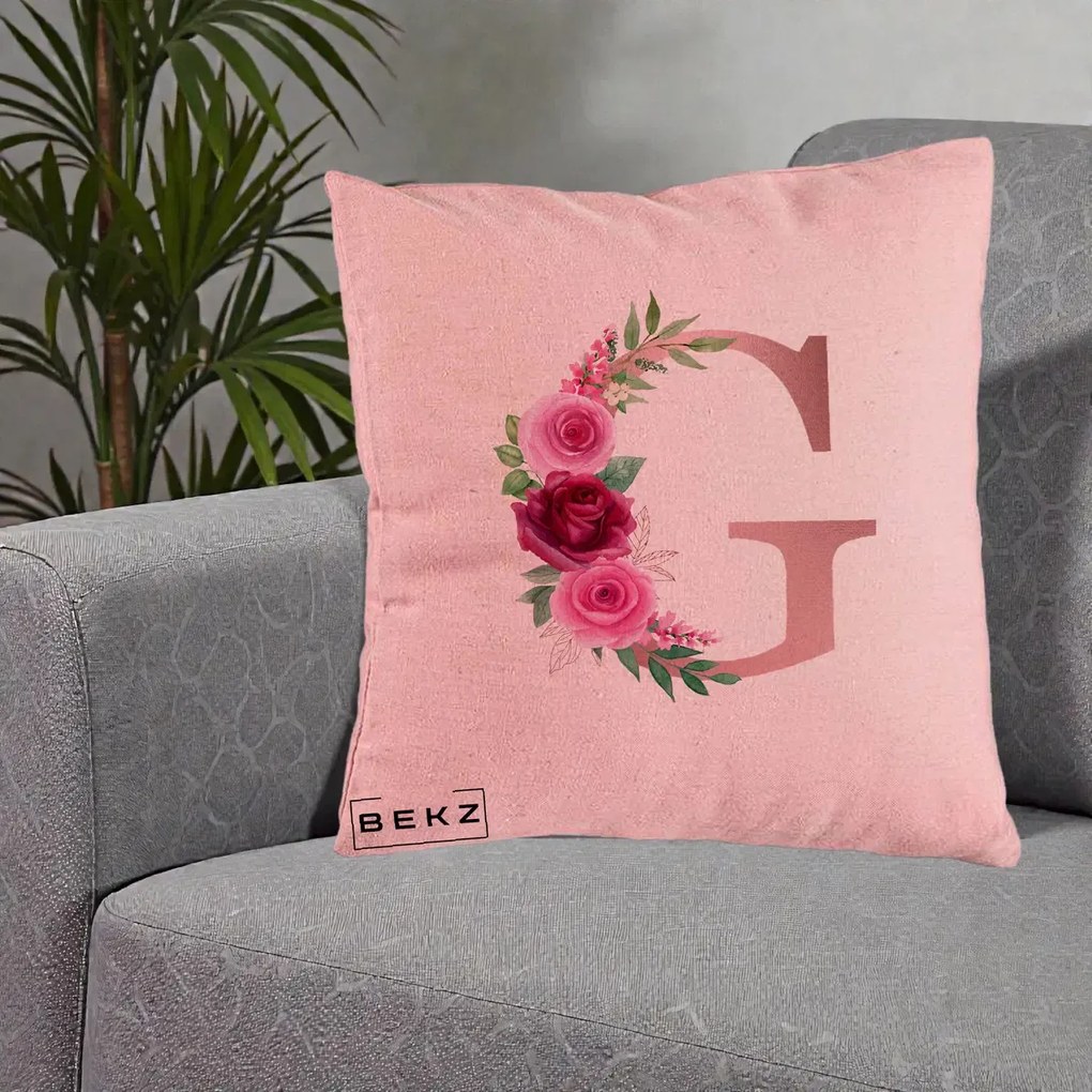 Cadou Personalizat - Perna Personalizata Monograma Rose Gold Litera G, 40x40 cm, Roz, Husa Detasabila, Perna Inclusa, BEKZ®
