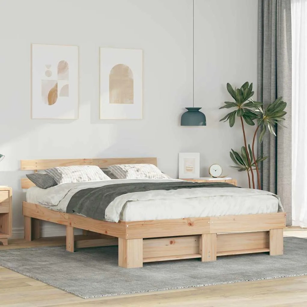 vidaXL Cadru de pat cu headboard Maro 140 x 200 cm Lemn de brad solid
