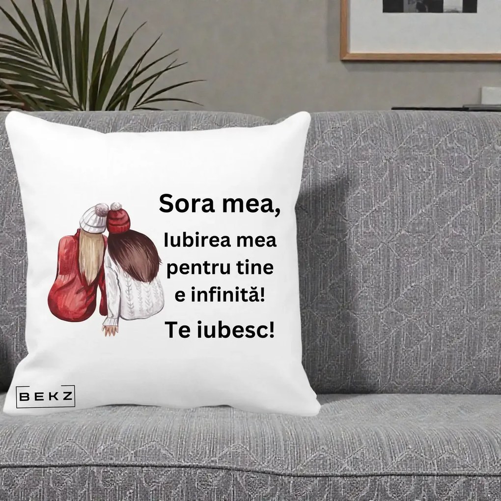 Cadou pentru Sora - Perna Personalizata Sora Mea Te Iubesc Doua Fete Iarna Acuarela, 40x40 cm, Alba Mata, Husa Detasabila, Perna Inclusa, BEKZ®