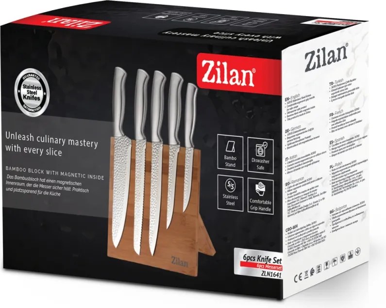 Set cutite 6 piese Zilan ZLN1641, Suport inclus din bambus, Cutite din otel inoxidabil 3CR13, Compatibil masina de spalat vase