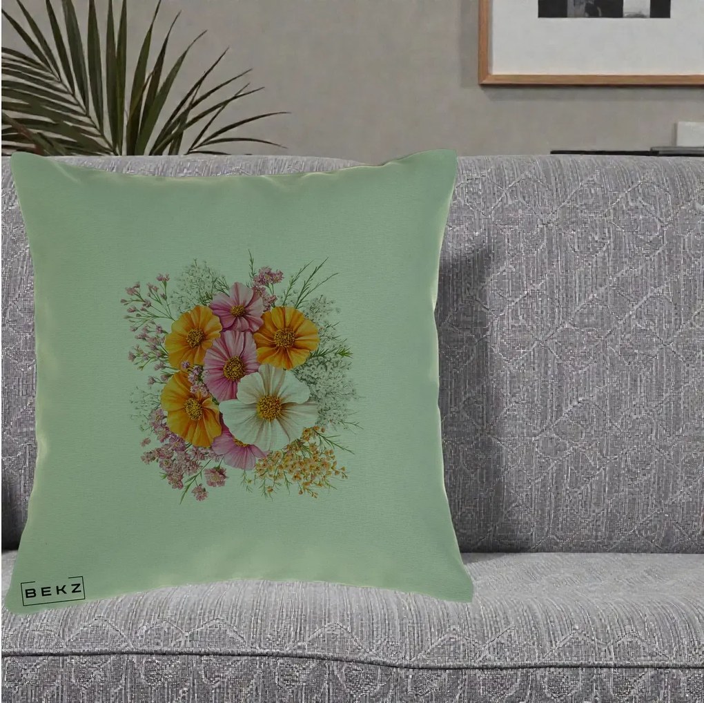 Perna Decorativa Buchet Cosmos Portocaliu Roz si Alb, 40x40 cm, Verde, Husa Detasabila, Perna Inclusa, BEKZ®