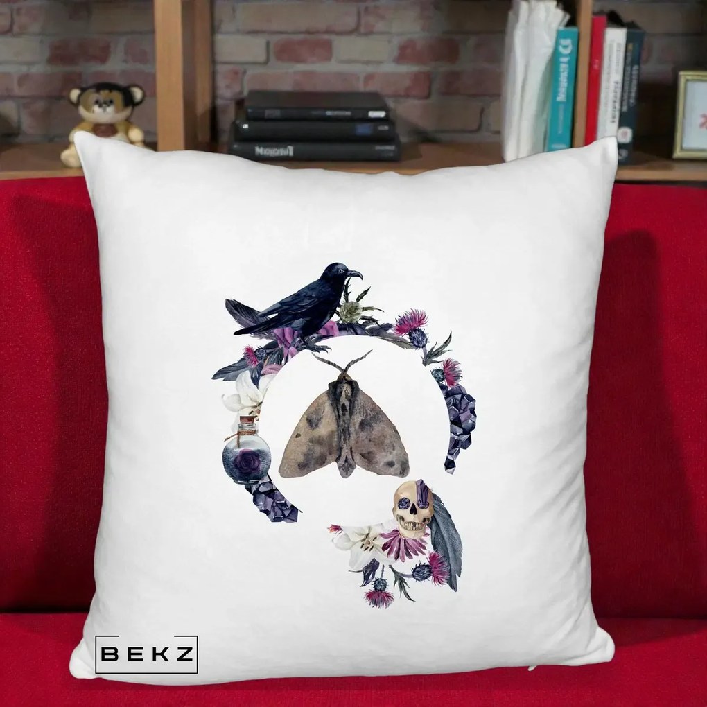 Perna Decorativa Gothic Wreath Corb Moliu Craniu, 40x40 cm, Alb Pufos, Husa Detasabila, Perna Inclusa, BEKZ®