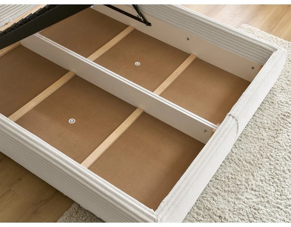 Pat matrimonial bej tapițat cu spațiu de depozitare cu somieră 180x200 cm Jade – Bobochic Paris