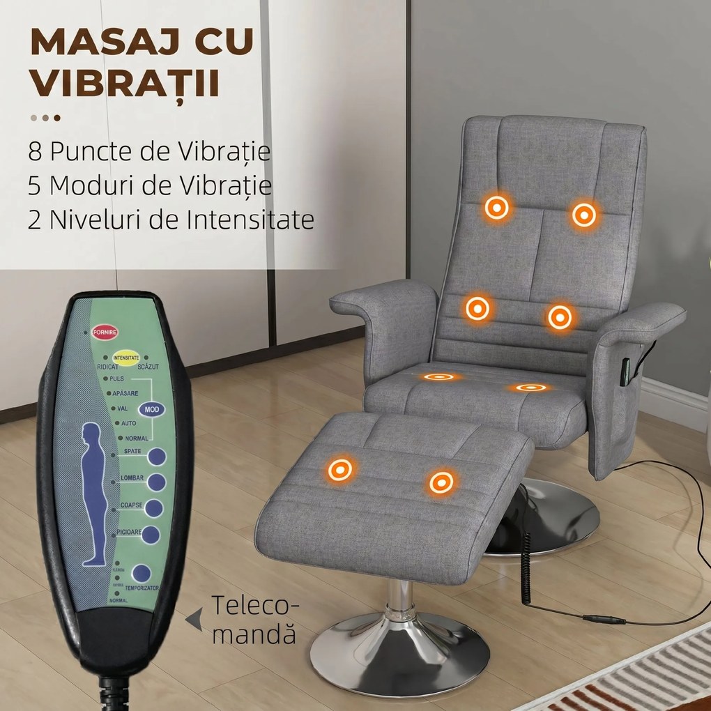 HOMCOM Fotoliu de masaj și reclinabil cu suport pentru picioare, din material textil cu efect de in, 78x90x93 cm, Gri Închis | Aosom Romania