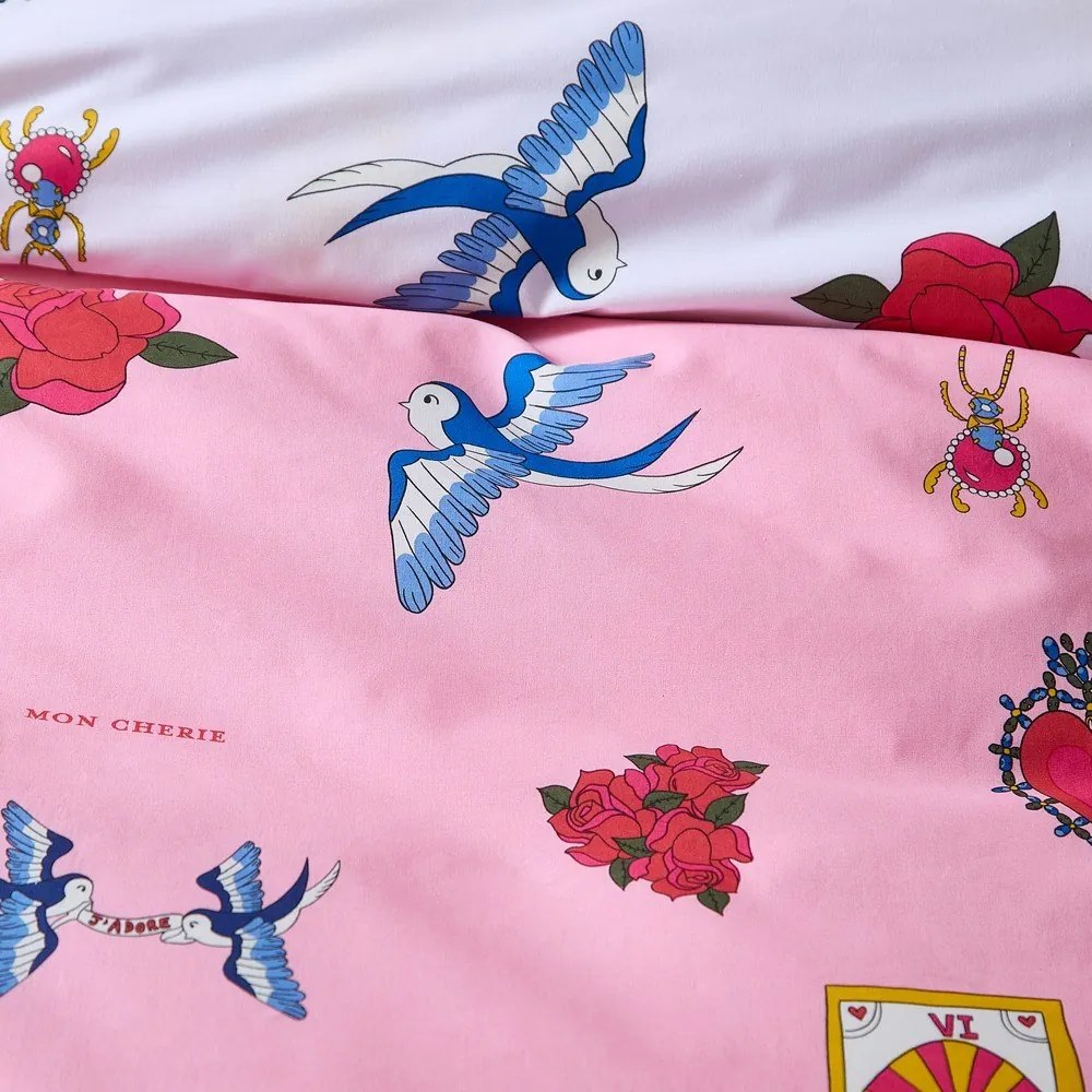 Lenjerie de pat albă-roz din bumbac pentru pat dublu, extinsă 230x220 cm Mon Coeur – Their Nibs
