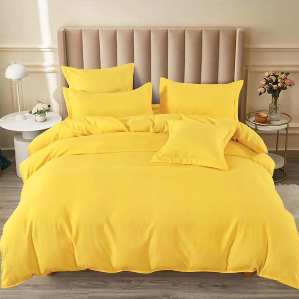 Lenjerie de pat cu elastic, tesatura tip finet, uni, pat 2 persoane, galben, 6 piese, FNE-169
