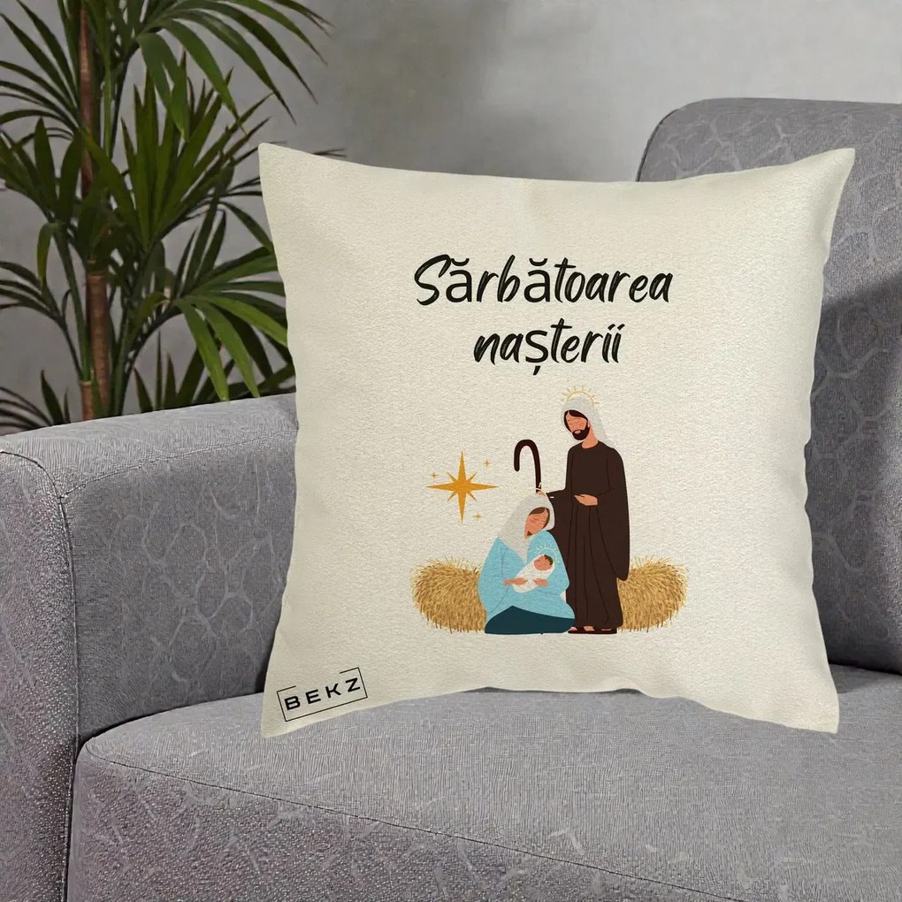 Perna Decorativa Nasterea Domnului Sfanta Familie Sarbatoarea Nasterii, 40x40 cm, Ecru, Husa Detasabila, Perna Inclusa, BEKZ®
