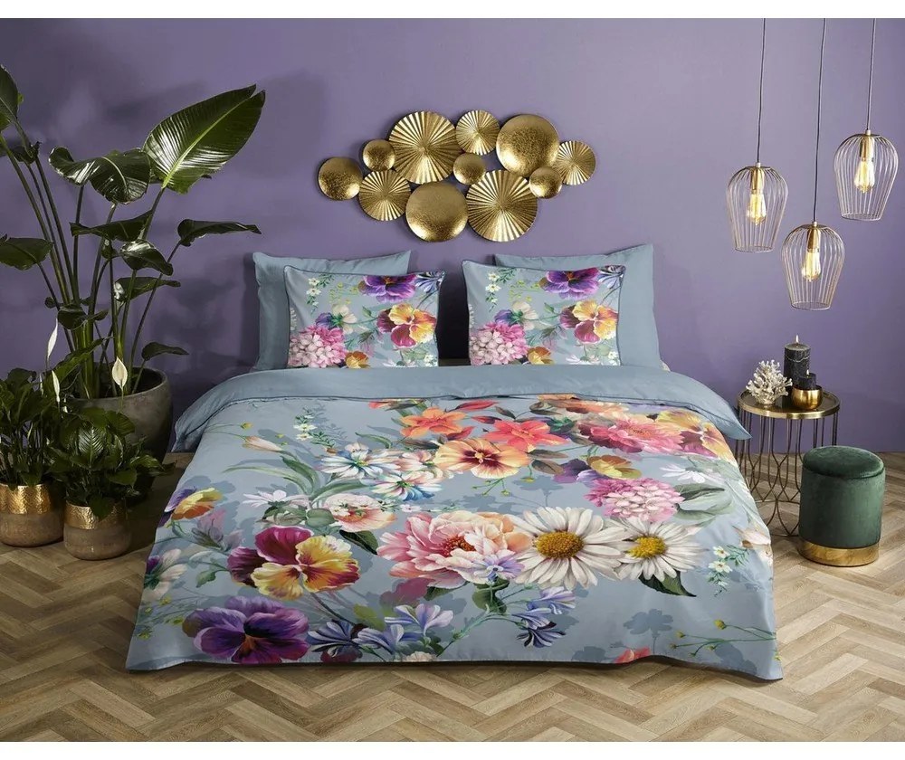 Lenjerie de pat din bumbac organic pentru pat dublu Descanso Sunflower, 200 x 220 cm, gri